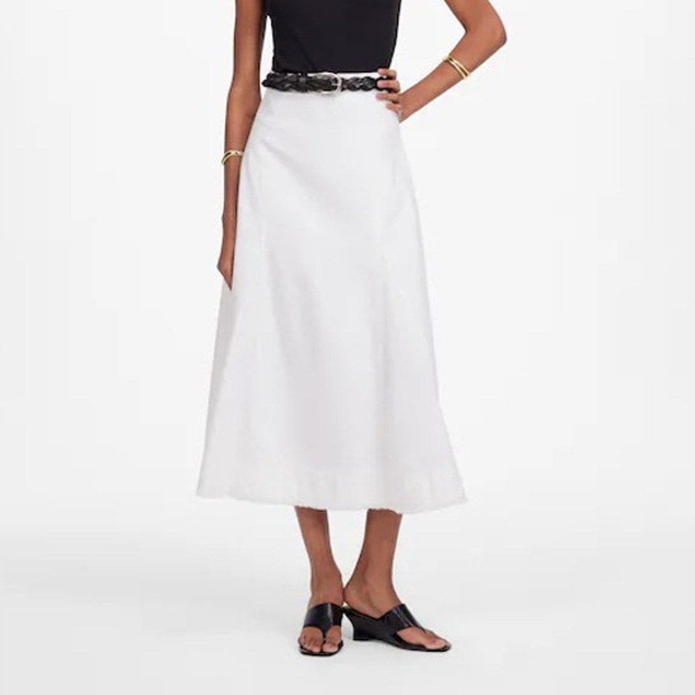 Madewell Fluted Distressed Hem Denim Midi Skirt Tile White Size 23 NWT